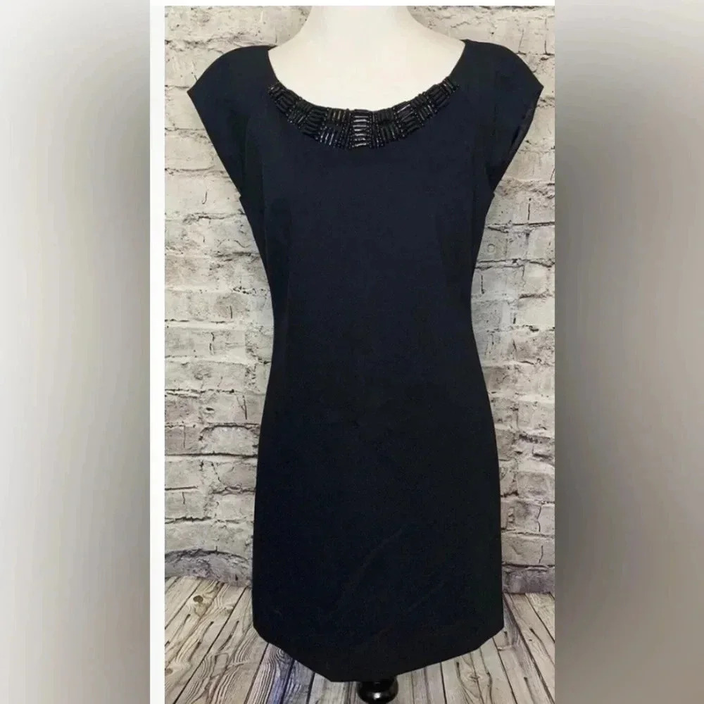 Women REBECCA TAYLOR Black Beaded Jewel Neck Cap Sleeve Dress sz 6 euc